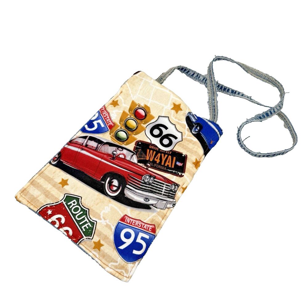 Handmade Route 66 57 Chevys Upcycled Jeans Pocket Crossbody Phone Pouch EUC - Picture 2 of 10